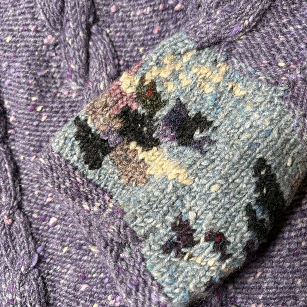 Muir & Osborne Handmade Pure Wool Purple Floral Cable Knit Open Sweater Vtg - Picture 8 of 10